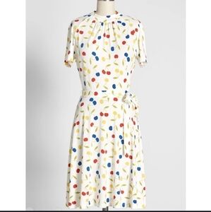 Modcloth White Dress with Red, Blue, and Yellow Print